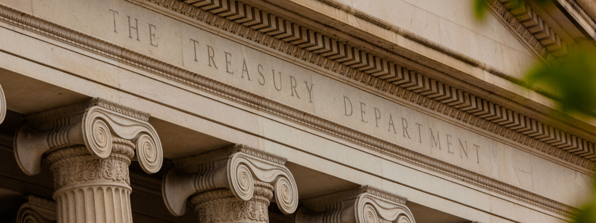 Close-Up of the Lettering The Treasury Department at the Treasury Department Building in Washington, DC-Shutterstock_1548453638